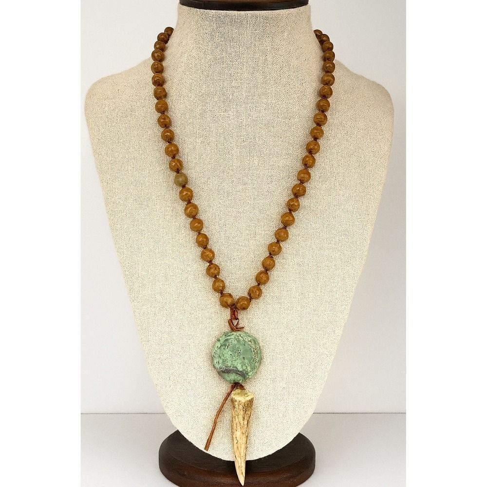 Vintage Native American Viscolite & Jasper Beaded Antler Necklace Navajo Boho